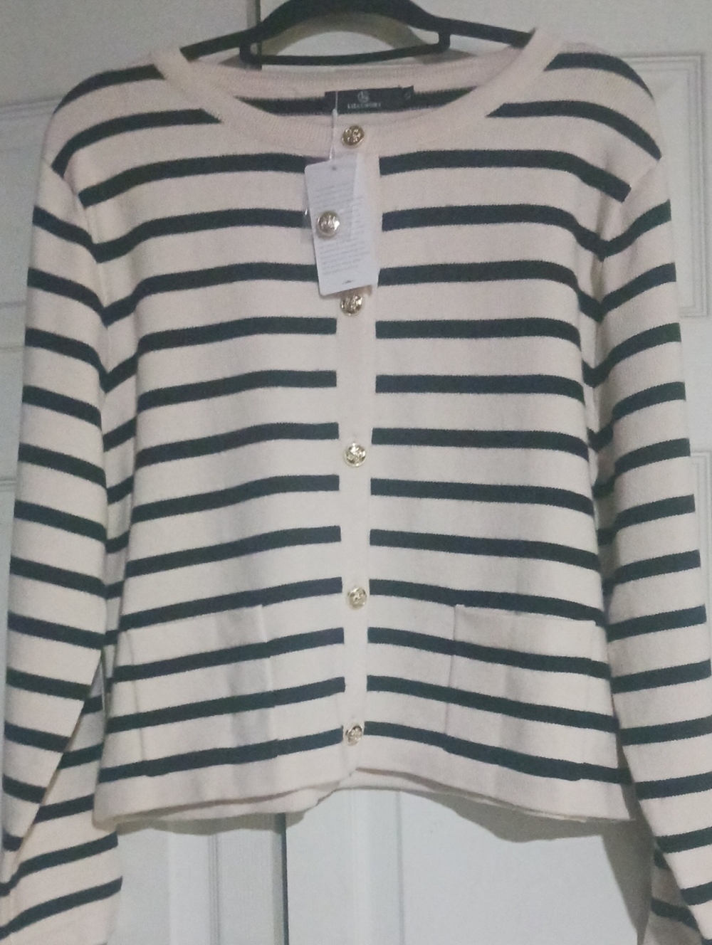Striped Cream and Black Button-Front Cardigan with Gold Buttons